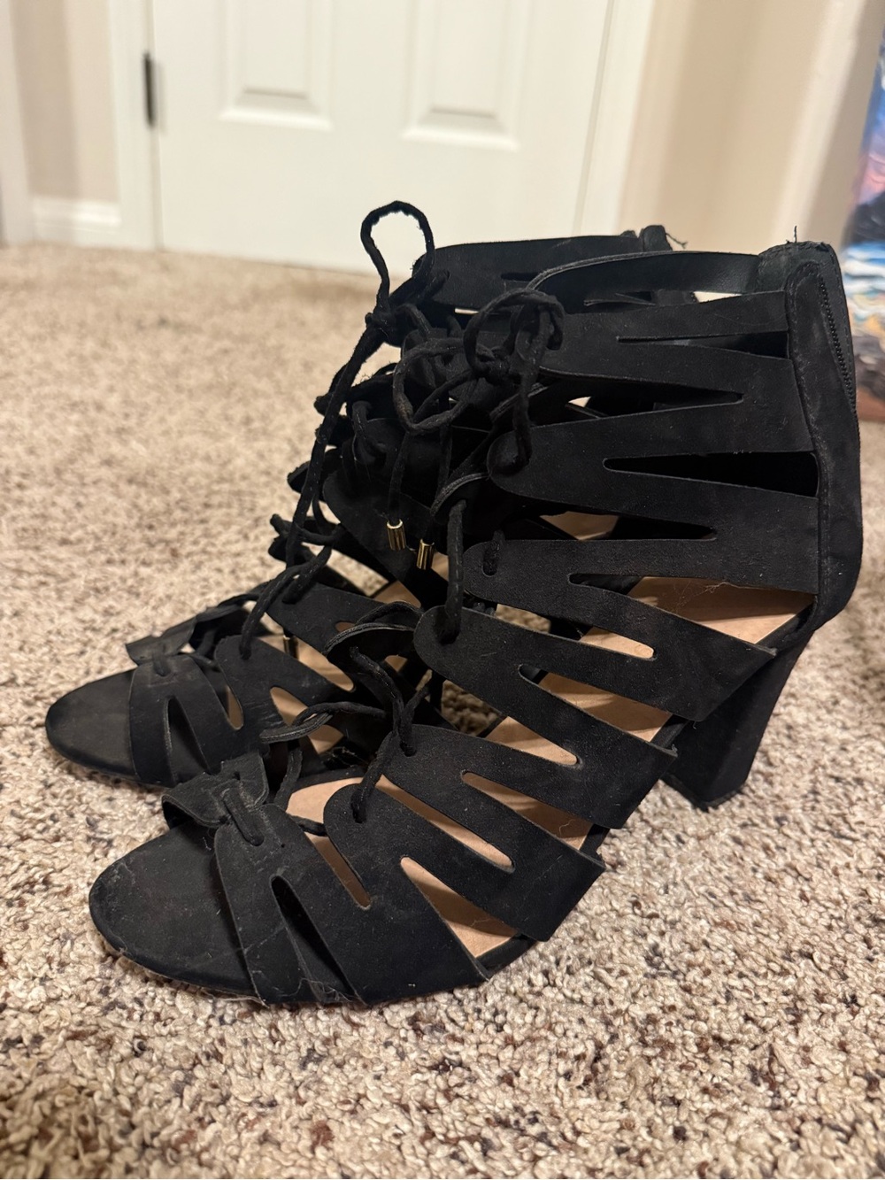 Madden Girl Black Suede-Look Lace-Up Cutout Block Heel Sandals